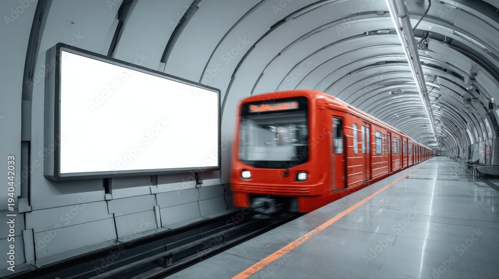Fototapeta premium Subway Train Arriving at Station with Blank Billboard for Advertising Mockup in an Urban Transit System