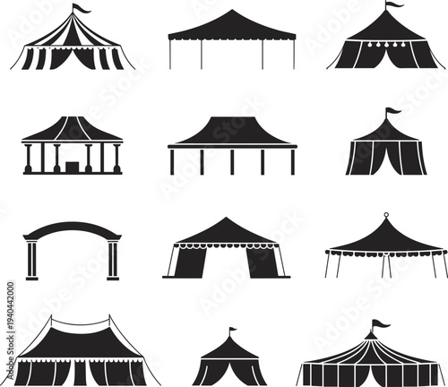 Festival tent and marquee pavilion icon set with circus canopy event shelter wedding tent and outdoor celebration venue symbols