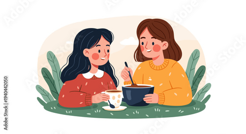 Two Women Studying Together Outdoors.