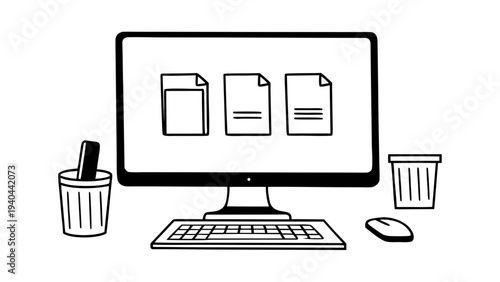 A clean office workspace featuring a computer monitor displaying digital documents and file management icons