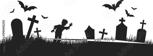 Halloween graveyard silhouette with zombie, tombstones and flying bats, spooky cemetery vector illustration isolated on white background for horror design