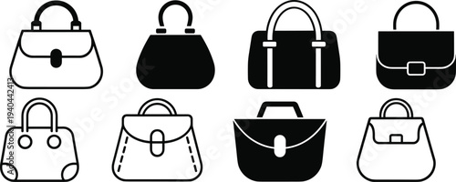 Handbag and purse icon set with women fashion bags shoulder bag tote and luxury handbag symbols for shopping design