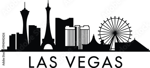 Las Vegas skyline silhouette with Stratosphere tower Ferris wheel casinos and city buildings icon for travel tourism landmark design