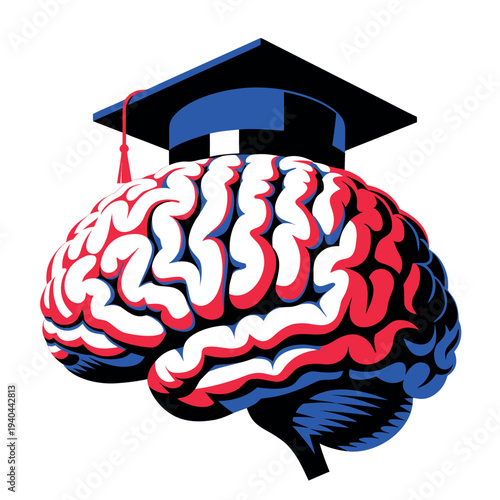 brain illustration wearing a graduation cap, education and knowledge concept,