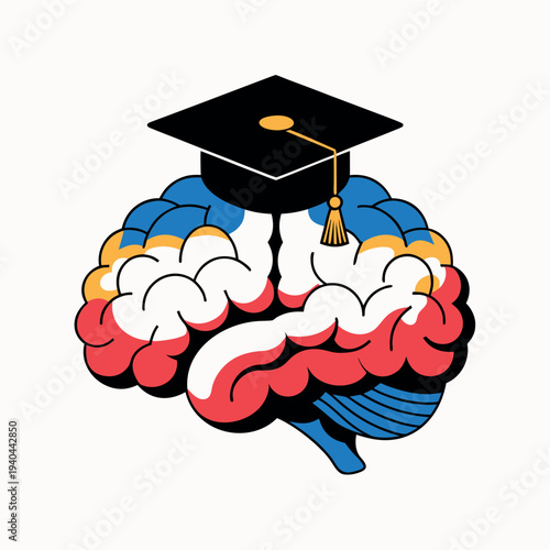 brain illustration wearing a graduation cap, education and knowledge concept,