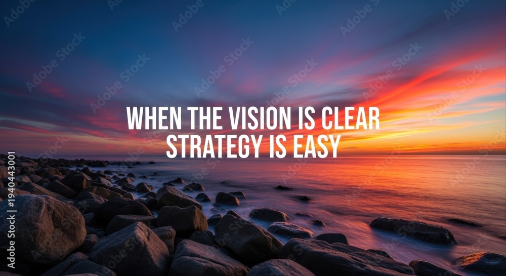 Fototapeta premium Inspirational Ocean Sunset with Motivational Quote: Clear Vision Leads to Easy Strategy for Success