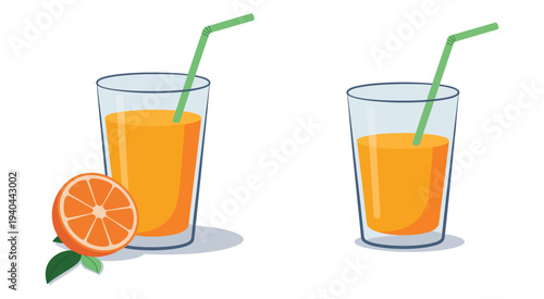 Orange Juice, vector illustration of two glasses with straws and fresh orange