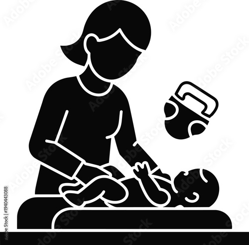 Mother changing baby diaper silhouette, infant care parenting vector illustration isolated on white background for childcare, motherhood and family design