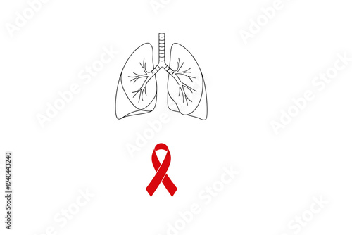 A simple line drawing of human lungs with a red awareness ribbon below, symbolizing lung health and disease advocacy from a straightforward frontal viewpoint