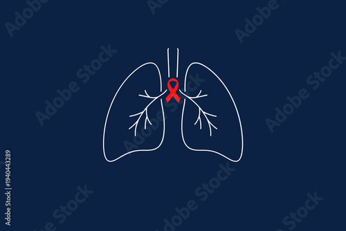 Illustration of human lungs with trachea and bronchi highlighted on a dark blue background from a frontal viewpoint