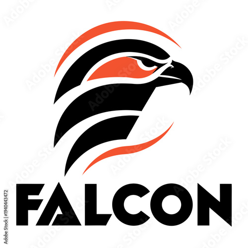 Falcon logo design featuring a stylized bird of prey head with bold black and orange geometric strokes, isolated on white.