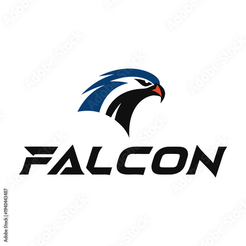 Falcon logo design featuring a stylized bird of prey head with bold black and orange geometric strokes, isolated on white.