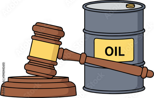Wooden judge gavel and oil barrel representing legal energy concepts