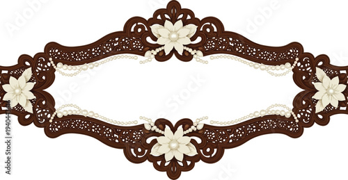 A beautifully designed brown and white lace border with floral patterns on a plain white background