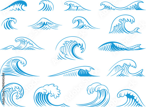 Ocean wave icon set with sea surf water splash and tsunami wave illustrations for beach surfing nautical and marine design