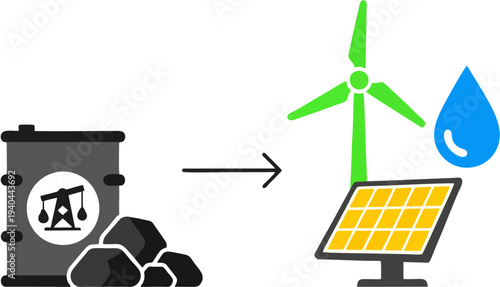 Graphic illustrating transition from fossil fuels to renewable energy