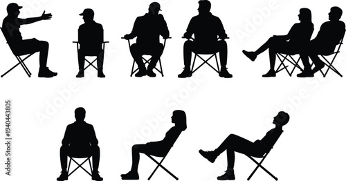 People sitting on folding camping chairs silhouettes collection, outdoor leisure activity vector illustration isolated on white background for lifestyle design
