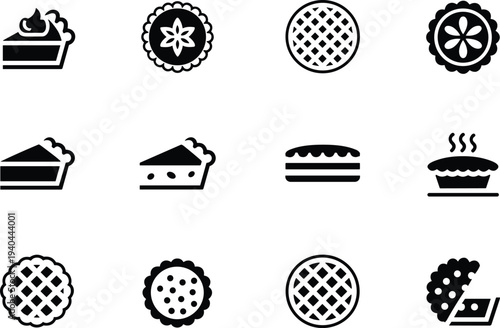 Pie dessert and bakery icon set with apple pie slice lattice pie crust tart and pastry food symbols