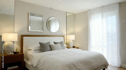 Large white bed with a white headboard and pillows. The room is well lit and has a clean, minimalist look