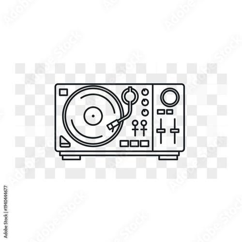 A black and white line drawing of a dj mixer with a turntable