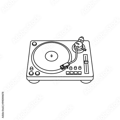 A detailed line drawing of a turntable with a tonearm and controls