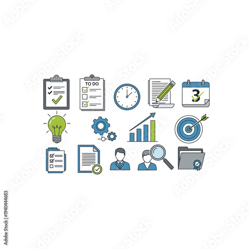 Collection of business and productivity icons in various styles and colors