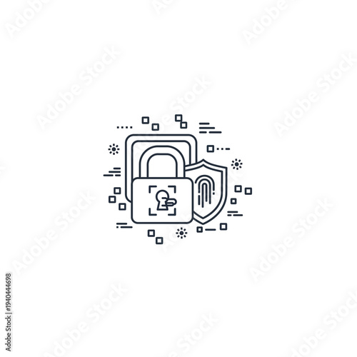 A black and white line art illustration of a padlock with a shield