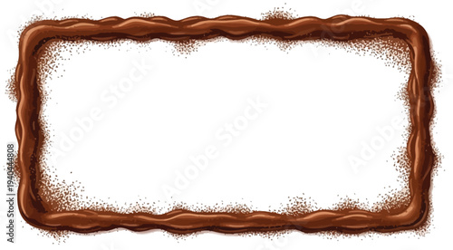 A chocolate frame with a wavy border and brown powder on a white background