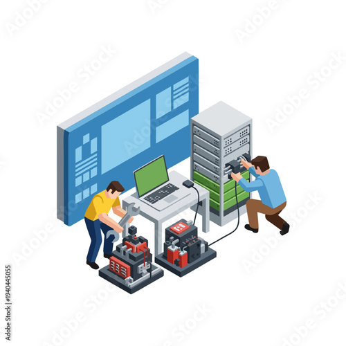 Two IT professionals working on server racks and computer systems in a data center.