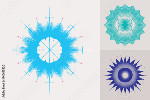 Elegant Japanese-inspired set of three hand-drawn geometric mandalas. Intricate blue, teal, and navy linework with pink accents creates a precise yet artisanal, modern aesthetic.
