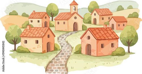 A charming small village with orange roofed houses and a stone pathway