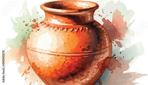 A beautiful, hand-painted clay pot with a vibrant watercolor background
