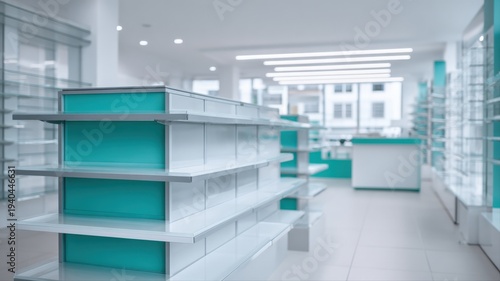 Wallpaper Mural Empty Pharmacy Shelves in Modern Drugstore Interior with Bright, Clean Design and Awaiting Stock Torontodigital.ca