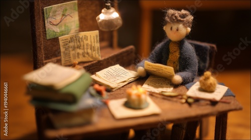 A felted wool figure of a financial analyst studying charts, handcrafted with soft fibers, uneven stitching, and visible textures, set within a miniature diorama of a desk with tiny felt graphs and do