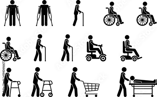 Disabled people mobility aid silhouettes with wheelchair walker crutches accessibility healthcare support flat vector illustration icon set