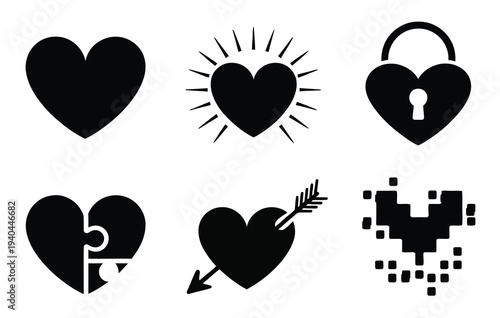 Heart Icons Solid Romantic Puzzle Lock Arrow Symbol Vector