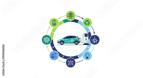 Isometric infographic of an electric vehicle charging station with a green car and various icons on a white background
