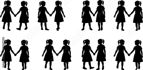 Little girls holding hands silhouette collection friendship children walking together kids sister love childhood concept isolated flat vector illustration