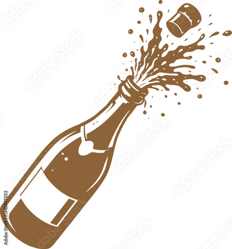 Champagne Bottle Pop Illustration, Celebratory Sparkling Wine Splash Vector.