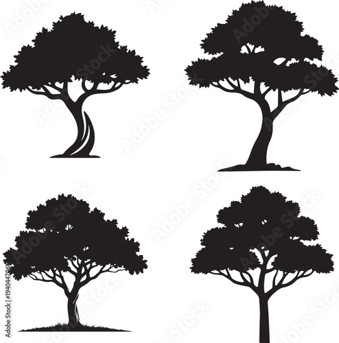  Premium Black Tree Silhouette Collection – Realistic Nature Vector Set Isolated on White Background, Art & Illustration.