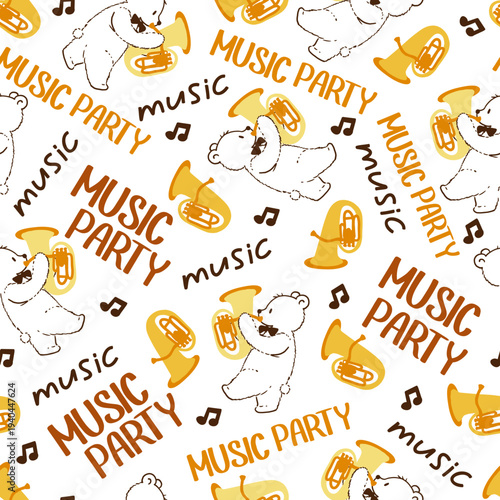 Whimsical Music Party Pattern with Bear and Tuba. Perfect for kid music events, playful designs, and creative musical-themed projects
