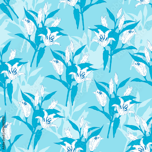 Blue and White Botanical Lily Bouquet Pattern. Seamless floral vector pattern featuring delicate white lily bouquets. Ideal for botanical prints, textile design, and elegant nature-themed projects.