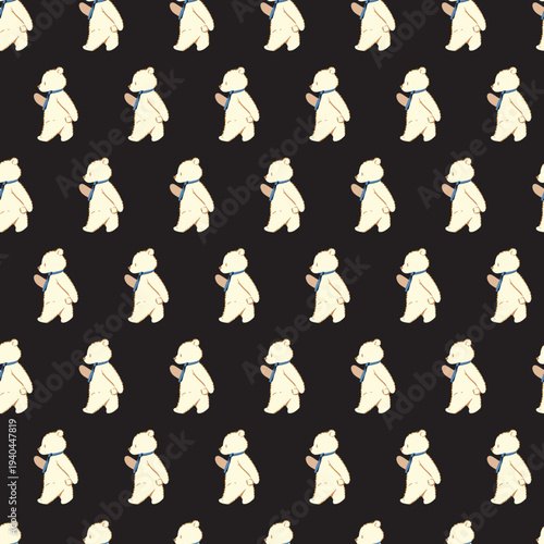 Walking Bear in Blue Tie Cartoon Pattern. Perfect for playful animal-themed textiles, kid products, packaging, and surface design.