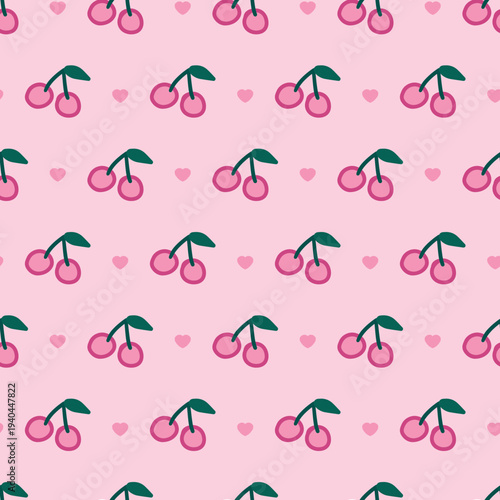 Romantic Pink Cherries Fruit and Heart Pattern. Seamless vector pattern that perfect for fruity, romantic, or cute-themed designs, textiles, packaging, and kid products
