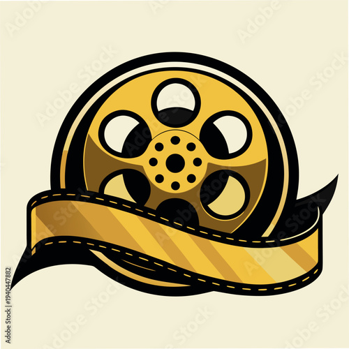 Vintage gold film reel with ribbon banner