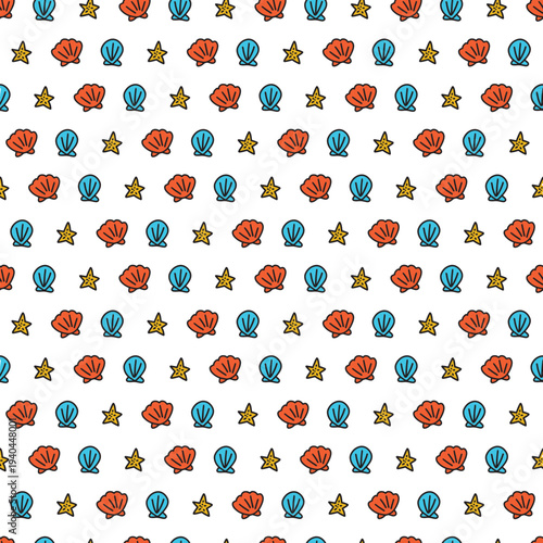 Sea Life Starfish and Clams Cartoon Pattern. Ideal for summer, beach, and marine-themed designs, kid apparel, packaging, and ocean-inspired projects.