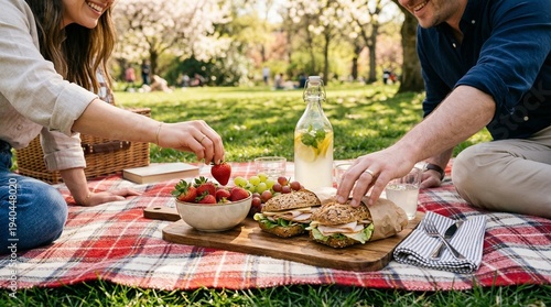 Couple's Hands Reaching for Fresh Fruit on Picnic Blanket in Spring Park