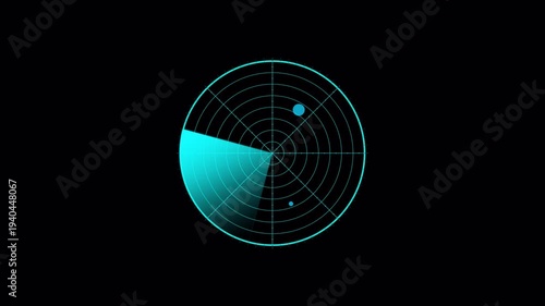 Blue cyber radar sweep animation with luminous scanning beam and futuristic monitoring interface. Smooth circular motion for sci-fi technology visuals. Includes alpha channel and seamless loop.