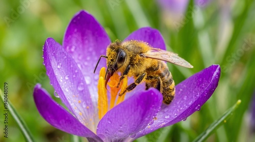 Macro Detail of Honey Bee Collecting Nectar from Purple Crocus Flower