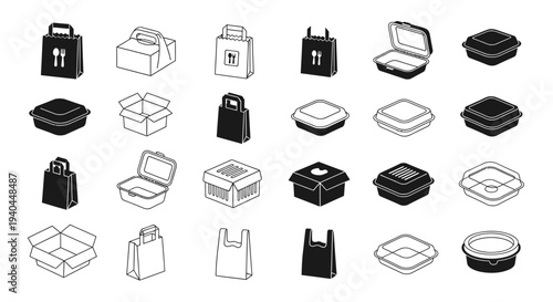 Various food delivery containers and bags vector illustration, flat design